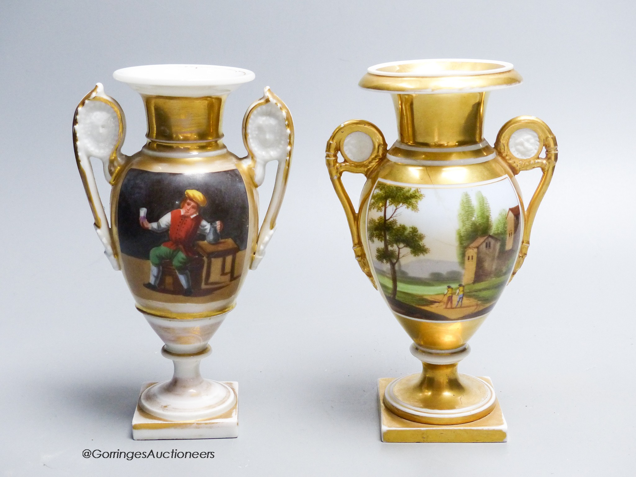 A pair of French porcelain two-handled vases, height 16.5cm